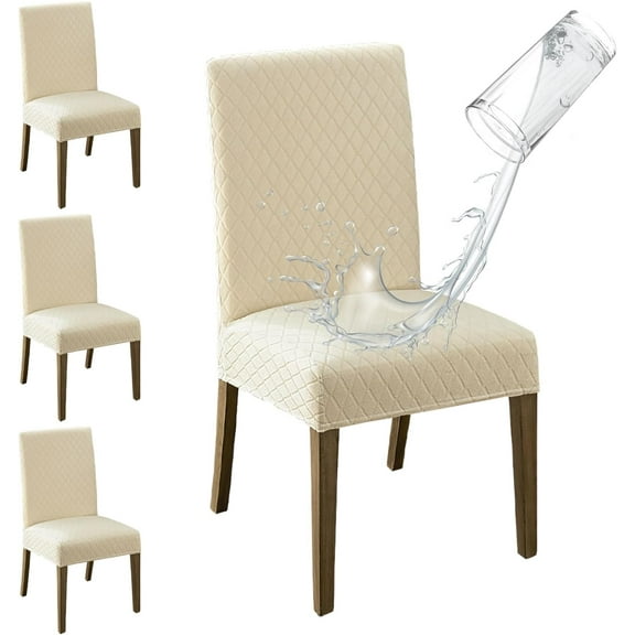 100% Waterproof Dining Room Chair Covers Set of 4, Super Fit Stretch Jacquard Parson Chairs Slipcovers Removable Washable Chair Seat Protectors for Home, Kitchen, Banquet (Beige)