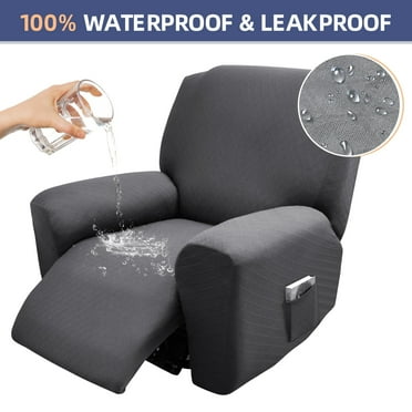 100% Waterproof Elastic Recliner Cover, 4-Piece Design Leakproof Jacquard Recliner Chair Slipcover Protector with Side Pockets for Kids, Pets, Dog and Cat (Dark Gray), 30 in. x 31 in. x 23 in.