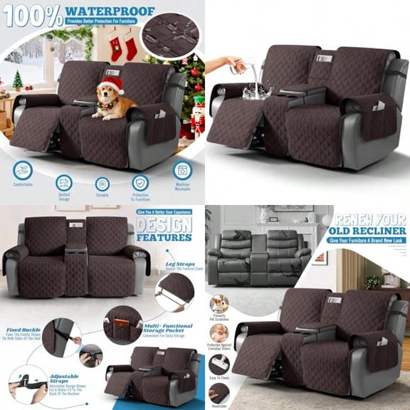 100 Waterproof Loveseat Recliner Cover with Center Console Reversible Reclining Couch Cover for 2 Seats with Leg Straps Washable Split Sofa Cover Protector for Pets Chocolate