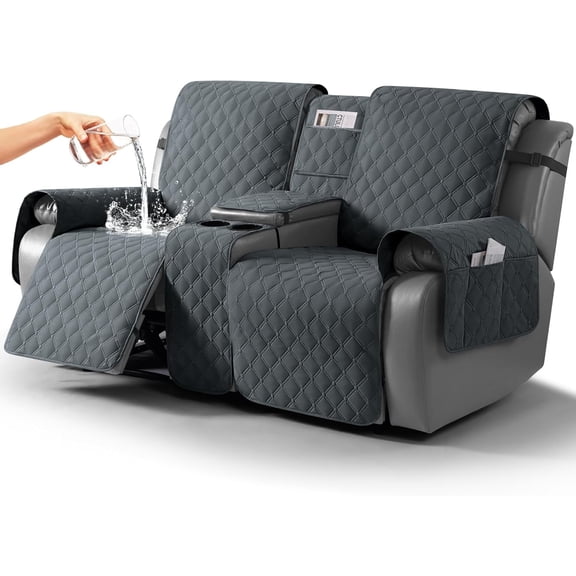 100% Waterproof Loveseat Recliner Cover with Center Console, Reversible Reclining Couch Cover for 2 Seats with Leg Straps, Washable Split Sofa Cover Protector for Pets Kids (Dark Gray)