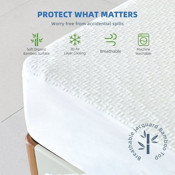 100% Waterproof Mattress Protector, Breathable Cooling Bamboo 3D Air Fabric Mattress Cover, Soft Noiseless Bed Cover, Machine Washable, 8-21'' Deep Pocket (Queen)