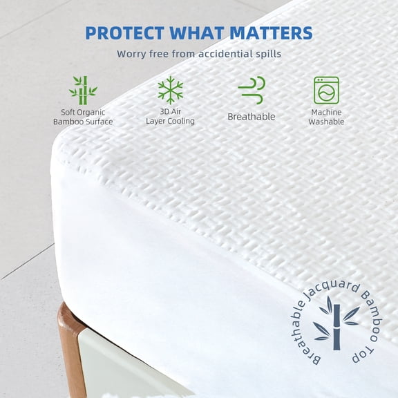 100% Waterproof Mattress Protector, Breathable Cooling Bamboo 3D Air Fabric Mattress Cover, Soft Noiseless Bed Cover, Machine Washable, 8-21'' Deep Pocket (Queen)