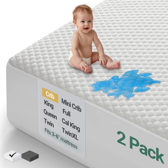 100% Waterproof Mattress Protector, Crib Size-2 Pack Mattress Pad, Fits 3"-6" Mattresses with Deep Pocket, Cooling, Breathable Fitted Sheets, Soft Bed Cover, Noiseless, Machine Washable