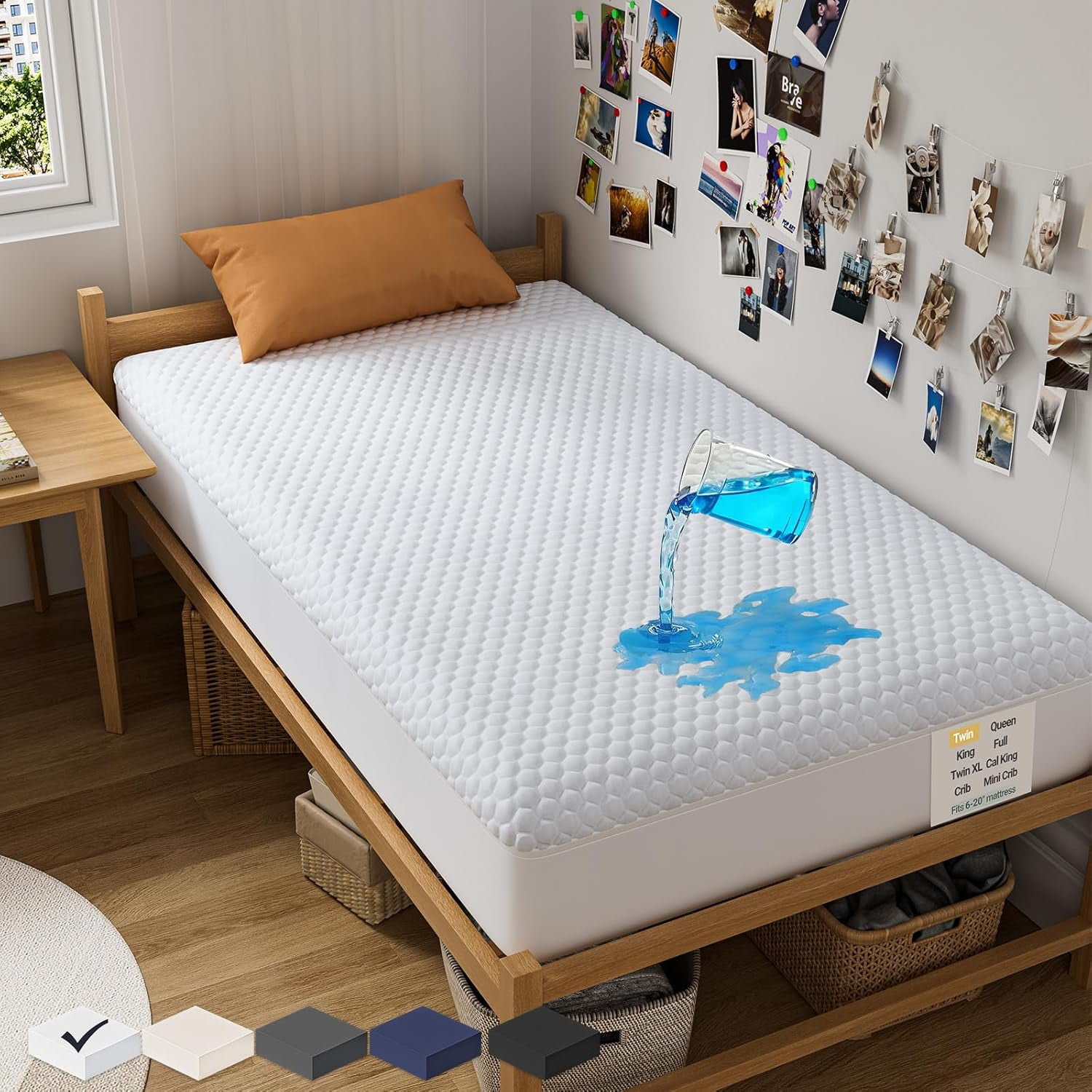 100% Waterproof Mattress Protector, Twin Size Mattress Pad, Fits 6"-20" Mattresses with Deep Pocket, Cooling, Breathable Fitted Sheets, Soft Bed Cover, Noiseless, Machine Washable