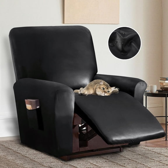100% Waterproof PU Leather Recliner Slipcovers 4-Pieces Stretch Sofa Covers with Pocket Anti-Slip Elastic Strap Furniture Protector for Kids, Pets (Black, 1 Seater)
