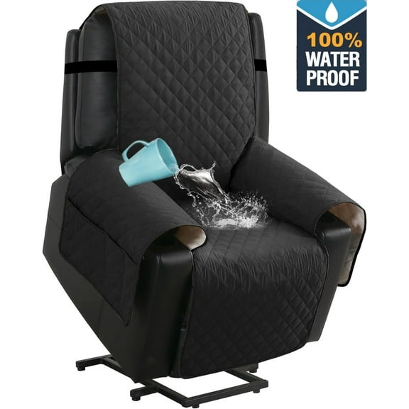 100% Waterproof Recliner Chair Cover,Non-Slip Elderly Electric Power Lift Recliner Slipcovers, Machine Washable with Side Pockets (Black)