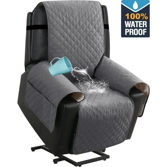 100% Waterproof Recliner Chair Cover,Non-Slip Elderly Electric Power Lift Recliner Slipcovers, Machine Washable with Side Pockets (Gray)