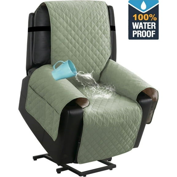 100% Waterproof Recliner Chair Cover,Non-Slip Elderly Electric Power Lift Recliner Slipcovers, Machine Washable with Side Pockets (Green)