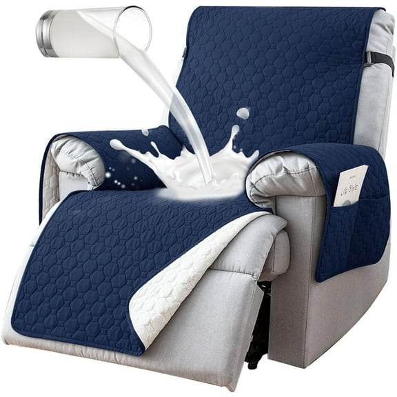 Aorsher 100% Waterproof Recliner Chair Covers That Stay in Place, Non-Slip Recliner Cover with 5 Pockets, Elastic Straps, Washable Reclining Chair Protector for Kids, Pets, Dogs, Dark Blue, 28in