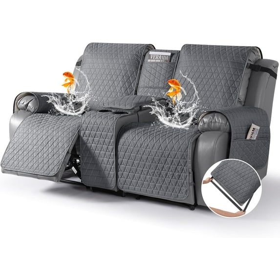 100% Waterproof Recliner Cover -Loveseat Recliner Cover with Center Console,Non-Slip Reclining Couch Covers for 2 Seat,with Elastic Straps Pocket for Kids, Dogs (Dark Gray, 2 Seater XL)