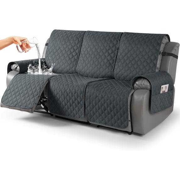 100% Waterproof Recliner Covers, Recliner Sofa Covers with Leg Straps, Reversible Recliner Couch Cover for Reclining Chair, Washable Couch Protector for Pets Kids(3 Seater, Dark Gray)