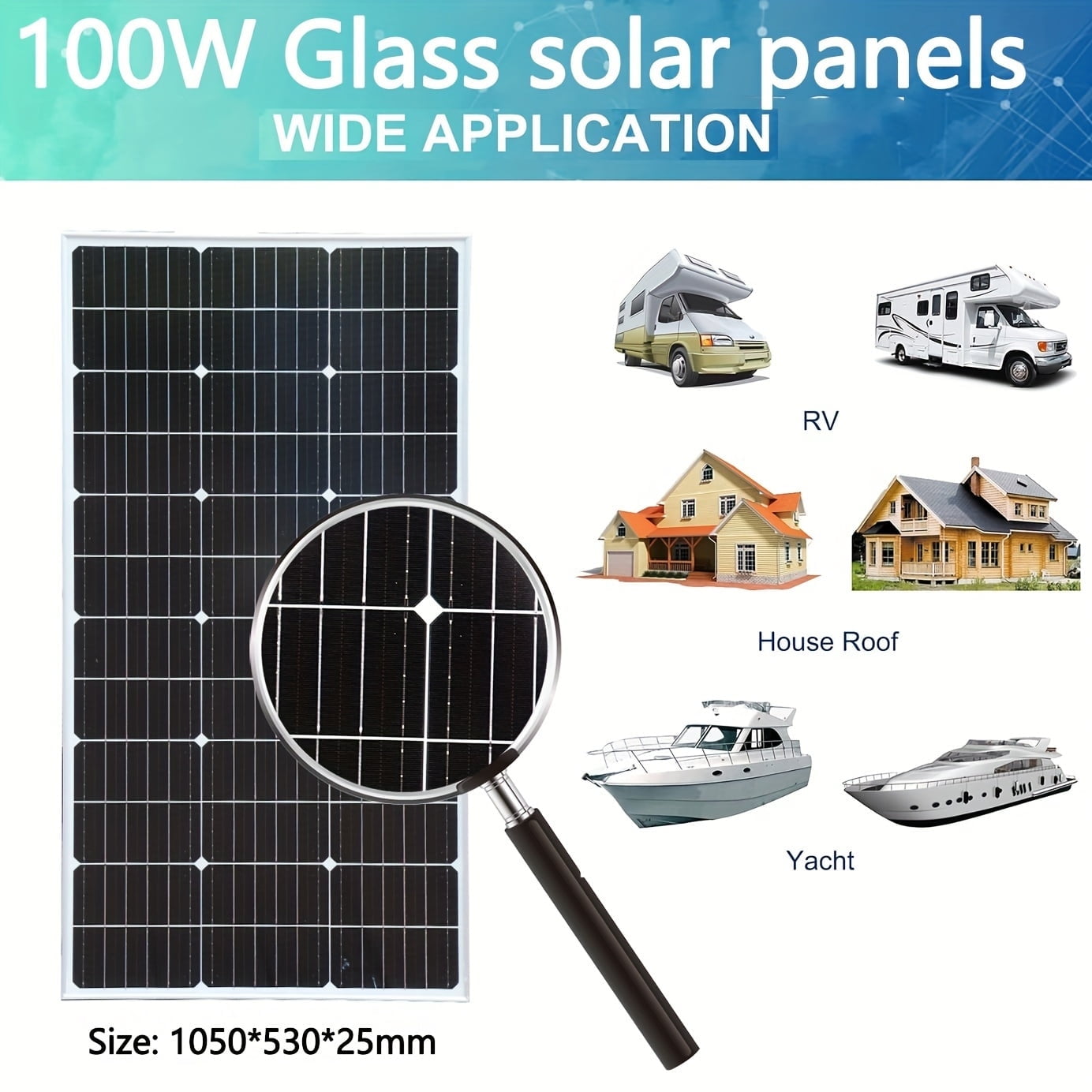 100 Watt Glass Solar Panel 12V/24V Monocrystalline Cell High Efficiency Modules Photovoltaic Chargers Home Camping RV Batterie Boat Caravan and Other Off-Grid Application Solar Panel