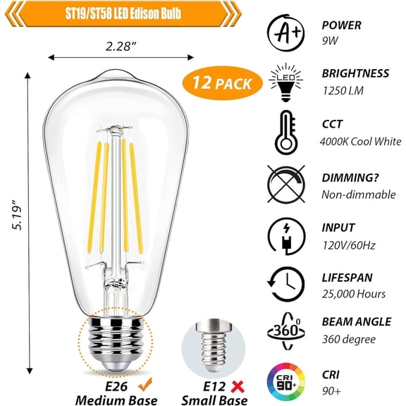 100 Watt LED Bulb, 12 Pack 9W LED Edison Light Bulbs 100 Watts Incandescent Bulbs Equivalent, 4000K Cool White with E26 Standard Base, 120V Input, 1250LM High Brightness, CRI 90, Not Dimmable