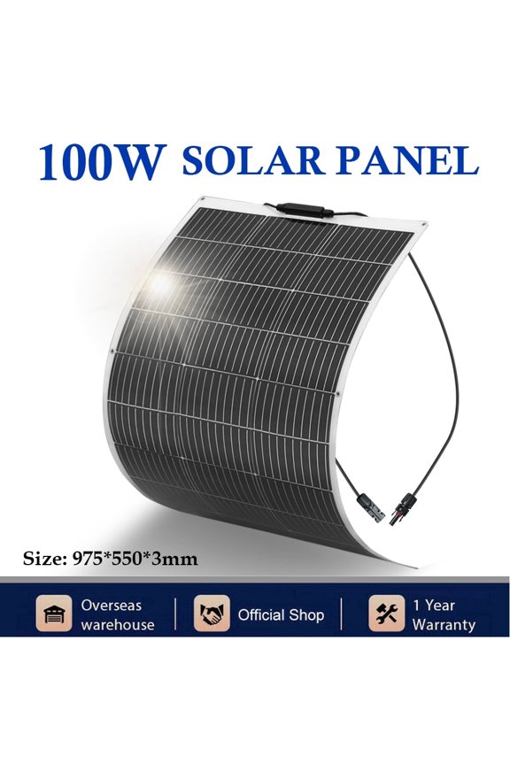 100 Watt monocrystalline solar panel, flexible and bendable photovoltaic module, solar off-grid charger for boats, caravans, vans, automobiles and other uneven surfaces