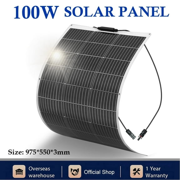 100 Watt monocrystalline solar panel, flexible and bendable photovoltaic module, solar off-grid charger for boats, caravans, vans, automobiles and other uneven surfaces