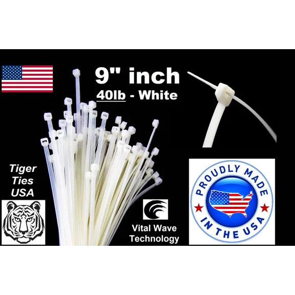 100 White 9" Inch Wire Cable Zip Ties Nylon Tie Wraps 40Lb Usa Made Tiger Ties