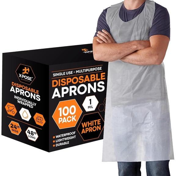 100 White Plastic Disposable Aprons for Cooking & more Individually Packaged, Durable 1 Mil Waterproof Polyethylene 24" x 48"