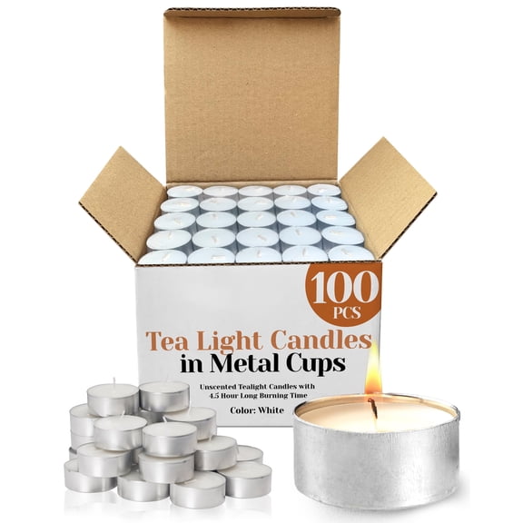 100 White Tealight Candles Bulk, Metal Cup Unscented with 4.5 Hour Burn, Clean Flame for Romantic Ambiance, Spa, Emergency Lighting