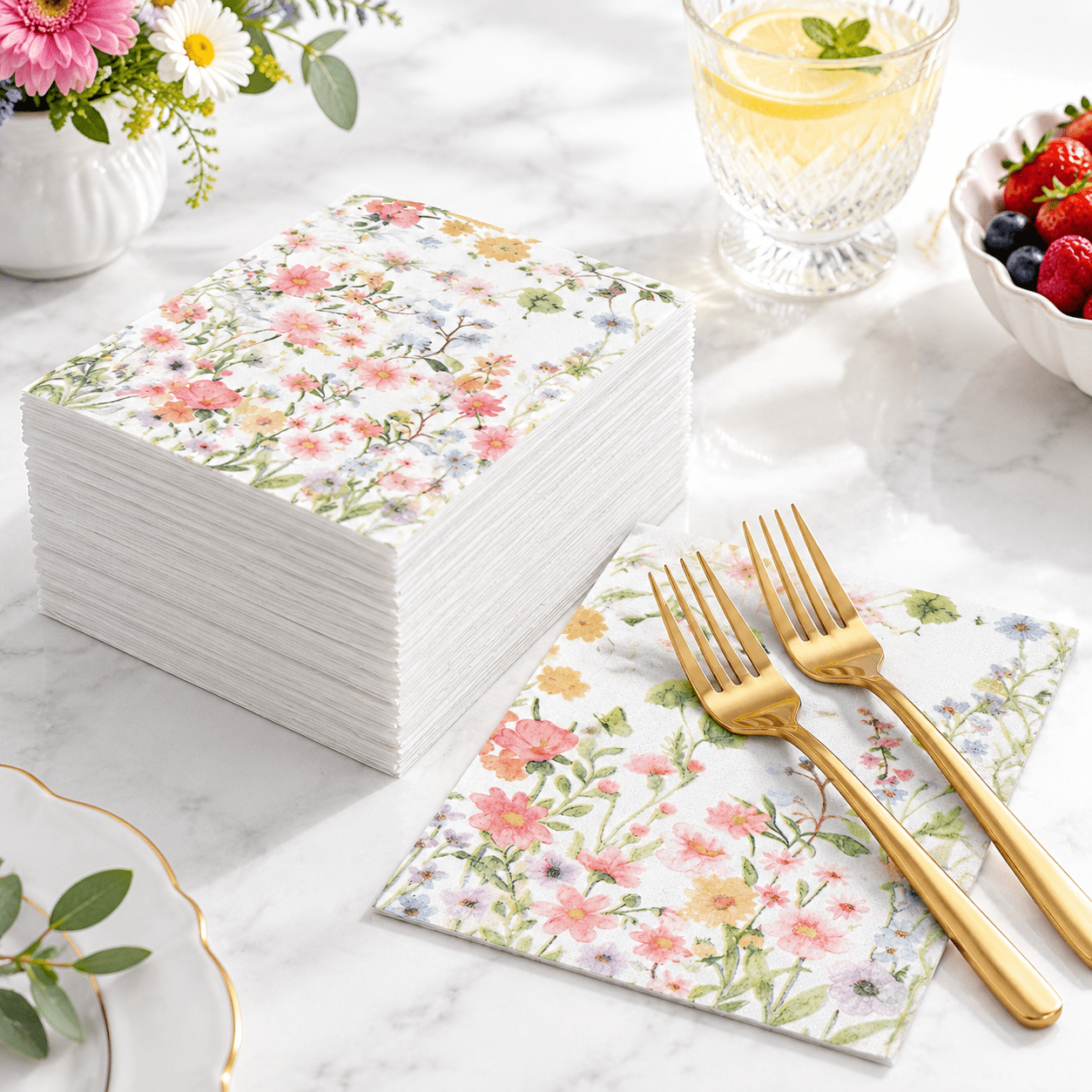100 Wildflower Linen Feel Disposable Napkins, 16x16 Inch, Soft ...