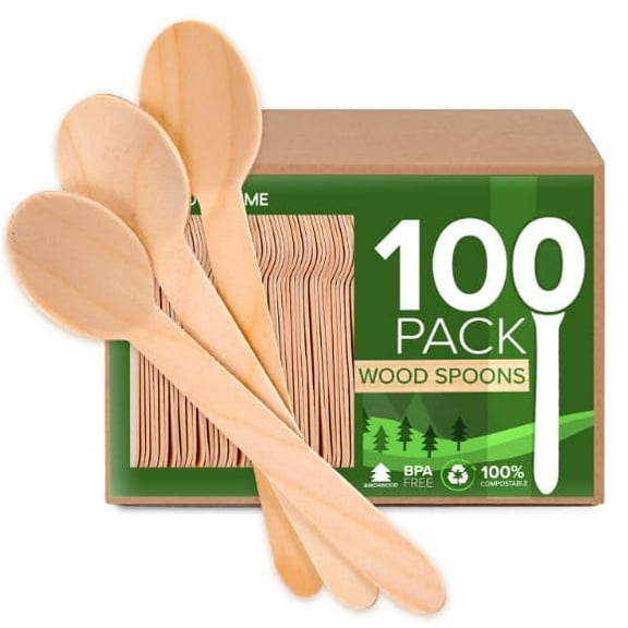 100% Wooden Disposable Spoons, (100 Count) Planet Friendly Utensils, Compostable Cutlery Spoons For Parties, Concession stands And Hosting