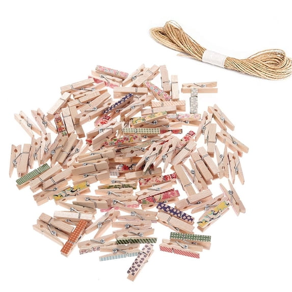 100 Wooden Picture Clips with String for Crafts