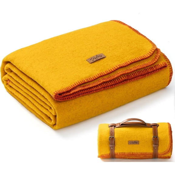 100% Wool Blanket 62 x 86 Inches Thick Warm Washable Large Yellow