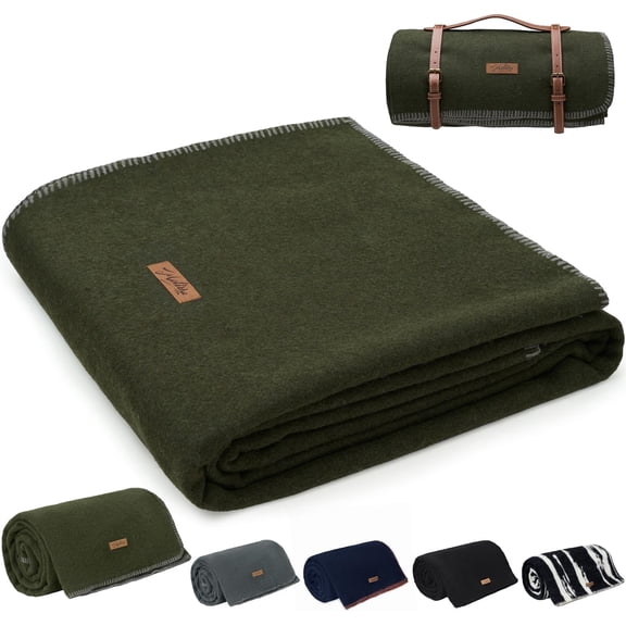 100% Wool Blanket 62 x 86 Inches Thick Warm Washable Olive Green Large