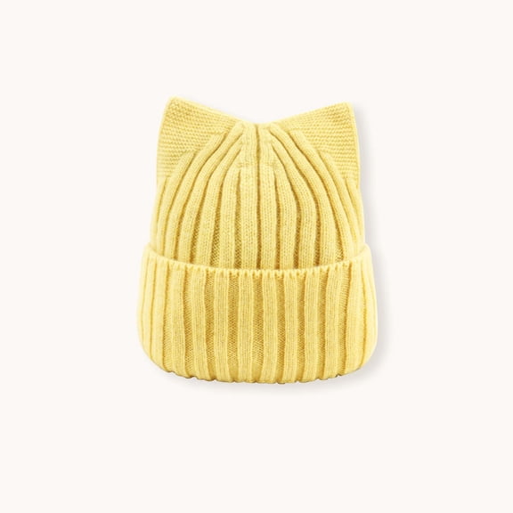 100% Wool Cat Ear Beanie for Kids, Ultra Soft Winter Hat,20*17cm,yellow