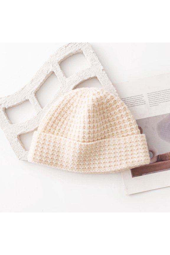 100% Wool Knit Beanie - Korean Style Stretchy Ribbed Hat for Men and Women, Soft Warm Unisex Winter Cap,29*22cm,Coconut White