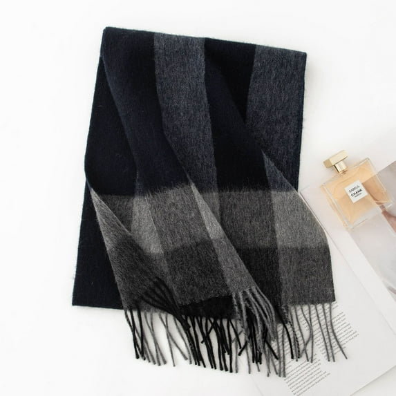 100% Wool Plaid Scarf, Winter Warm Checkered Wrap with Fringe,180*30cm,9