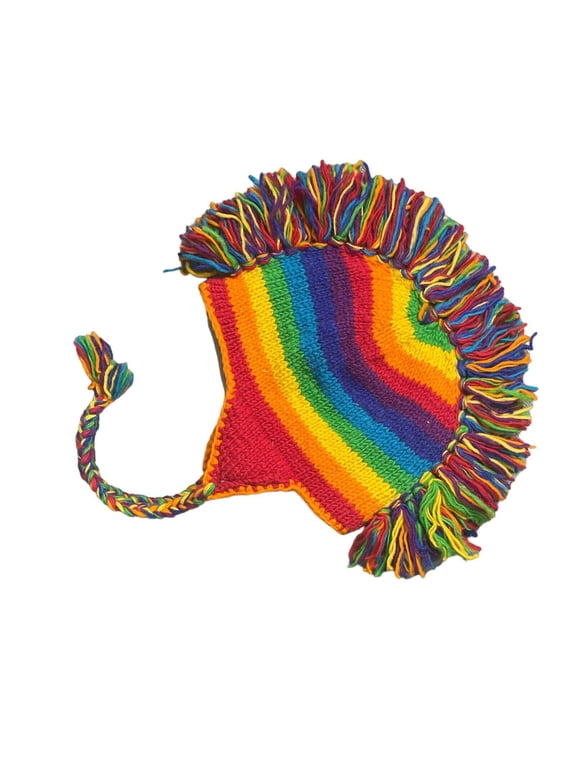 100% Wool Rainbow Mohawk Hand Knitted Beanie Hat Fleece Lining with Earflaps.
