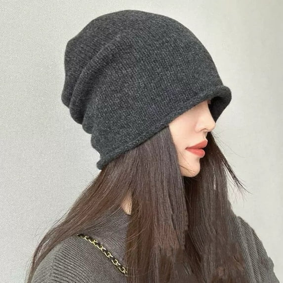 100% Wool Slouch Beanie - Face-Framing Winter Warmth Hat,One Size Fits All,dark gray