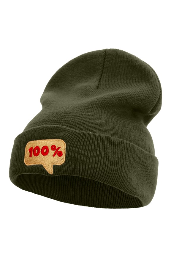100% Word Bubble Embroidered 12 Inch Long Knitted Beanie - Olive OSFM