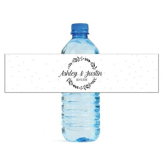 100 Wreath on Pink Dots Wedding Anniversary Engagement Party Water Bottle labels Bridal Shower Birthday