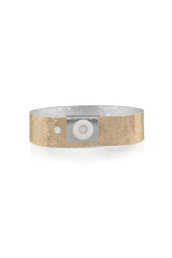 100 WristCo Gold Holographic Plastic Wristbands for Events  Extended Wear, Glowing Color Prevents Reuse  Premium-Grade Bracelets for Hospital & Medical ID, Party & VIP Identification