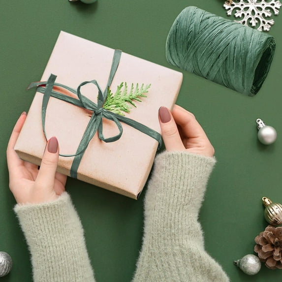100 Yard Christmas Raffia Paper Rope for Gift Wrapping, Eco-Friendly Bow Tie Material for Crafts and Decor, Natural Fiber Rope Reel for DIY Holiday Projects(Green)