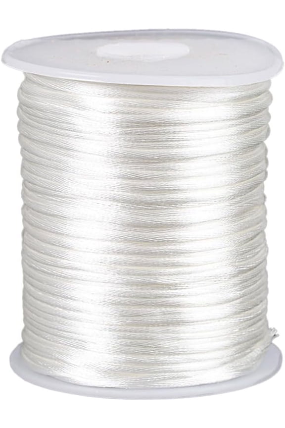 100 Yards 2MM White Satin Cord Polyester Kumihimo Smooth String Rattail Silk Round Soft Thread Bulk Rolls with Spool for Jewelry Making Sewing Bracelet Chinese Knotting Necklaces DIY Supply
