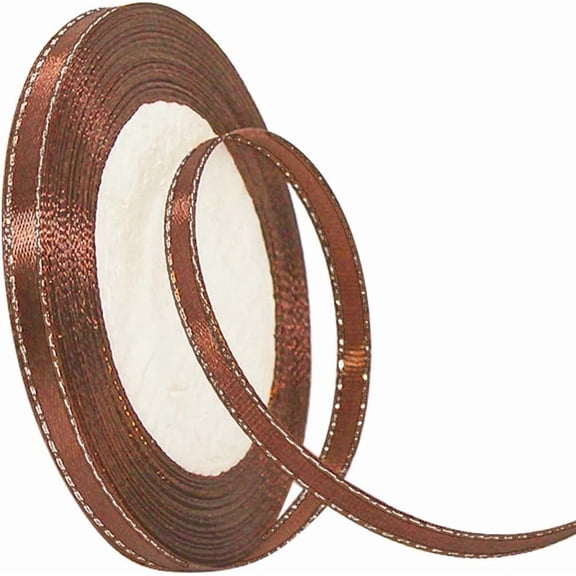 100 Yards 3/8 Inch Brown Grosgrain Ribbon Double Edge Silver Thread Border Ribbon Metallic Polyester Ribbons Bulk with Spool Craft Supply