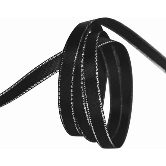 100 Yards 3/8 Inch Silver Black Ribbon Double Edge Metallic Border Ribbon Polyester Grosgrain Ribbons Bulk with Spool for Sewing Making Crafts Bouquet Christmas Party Decor DIY Supply for DIY