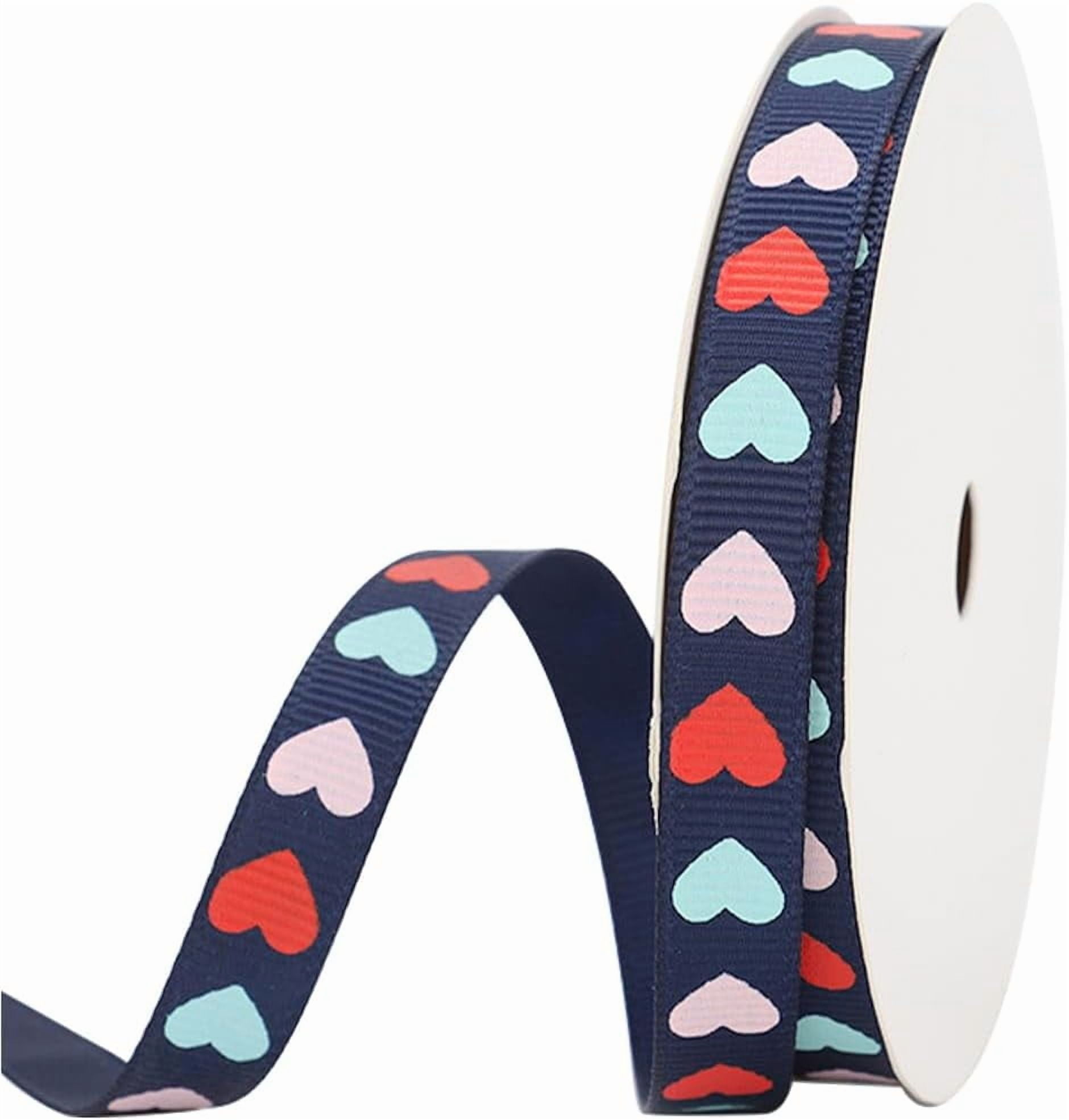 100 Yards 3/8 Inch Valentine Ribbon Wired Blue Heart Print Ribbon Polyester Grosgrain Love Ribbons Wired Bulk with Spool for DIY handcrafting