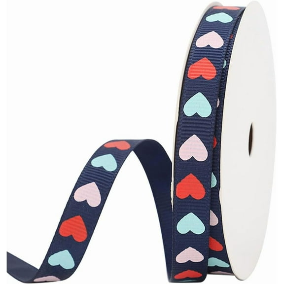 100 Yards 3/8 Inch Valentine Ribbon Wired Blue Heart Print Ribbon Polyester Grosgrain Love Ribbons Wired Bulk with Spool for DIY handcrafting
