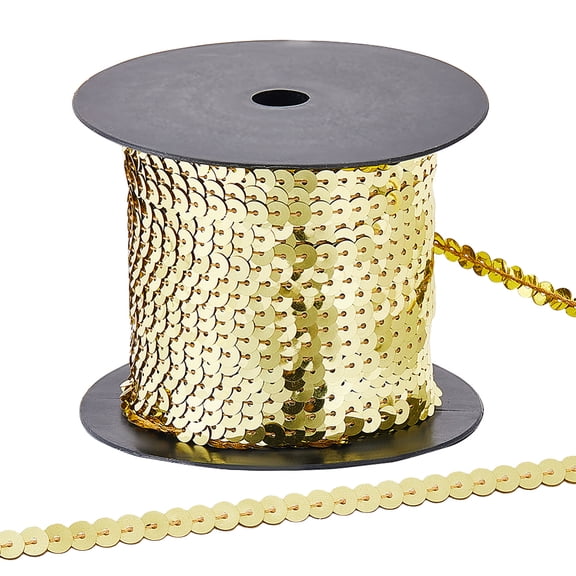 100 Yards 6MM Gold Sequin Trim Flat Sequins Beaded Ribbon Spangle Metallic Glitter Paillette Strip Trim String Bulk with Spool DIY