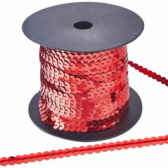 100 Yards 6MM Red Sequin Trim Sequins Beaded Strip Ribbon Trim Flat Spangle Metallic Glitter Paillette String with Spool for Sewing Making Crafts Dress Cloth Embellish Supply