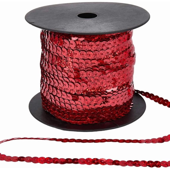 100 Yards 6MM Red Sequin Trim Sequins Beaded Strip Trimmig Ribbon Flat Spangle Metallic Glitter Paillette String Bulk Roll for DIY Sewing Making Clothes Dresses Costume Crafts DIY Home Decor
