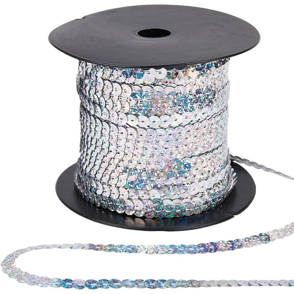 100 Yards 6MM Silver Sequin Trim Sequins Beaded Strip Trimmig Ribbon Flat Spangle Metallic Glitter Paillette String Bulk Roll