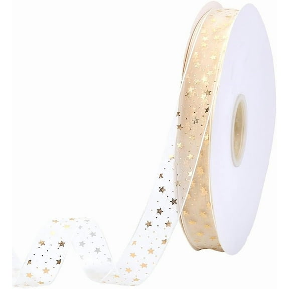 About 100 Yards 7/8 Inch Gold Star Printed Ribbon White Sheer Stars Pattern Print Transparent Chiffon Silk Yarn Ribbons Trim with Spool Bulk for Sewing Making Crafts Gift Wrapping Diy Supply