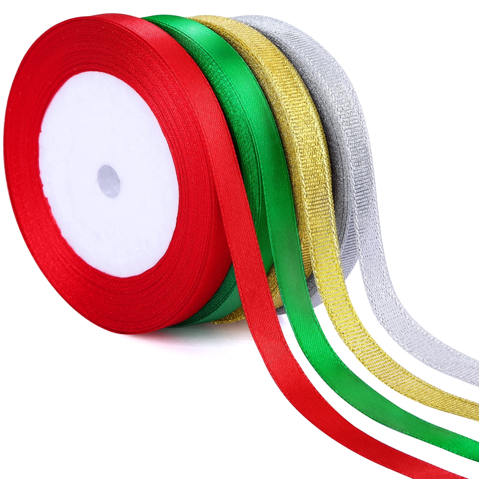100 Yards Christmas Ribbons, 3/8 Inch Gold Silver Glitter Ribbon for Gift Wrapping Red and Green Satin Ribbon for Christmas DIY Crafts Decoration 4 Rolls