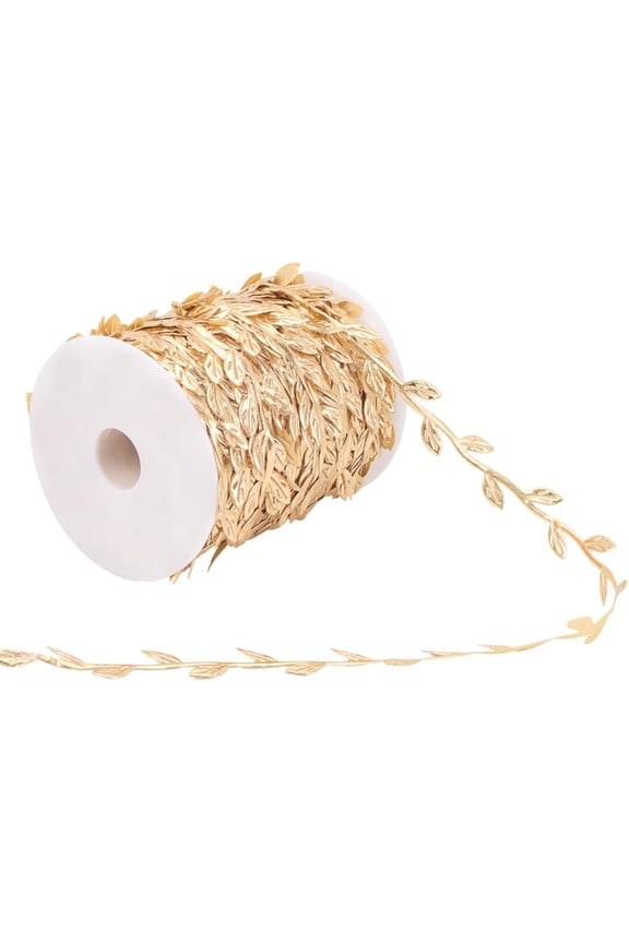 100 Yards Gold Leaves Trim Rope Ribbon Artificial Metallic Glitter Golden Leaf String Vine Spool Decorative Garland Fabric Ribbons Bulk for Sewing Making Gift Wrapping Wreaths Wedding Crafts