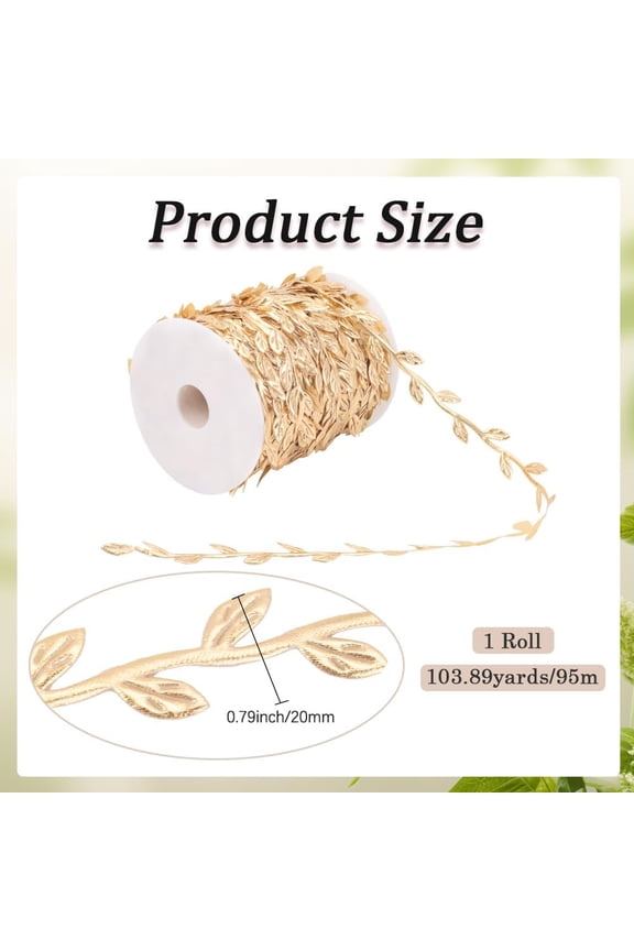 100 Yards Gold Leaves Trim Rope Ribbon Artificial Metallic Glitter Golden Leaf String Vine Spool Decorative Garland Fabric Ribbons Bulk for Sewing Making Gift Wrapping Wreaths Wedding Crafts