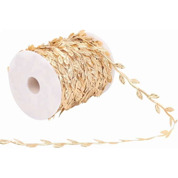 100 Yards Gold Leaves Trim Rope Ribbon Artificial Metallic Glitter Golden Leaf String Vine Spool Decorative Garland Fabric Ribbons Bulk